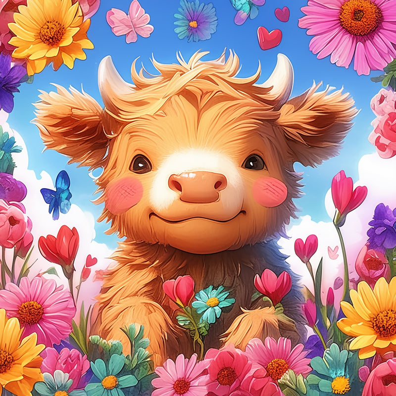 Cartoon Highland Cow and Colorful Flowers Diamond Painting