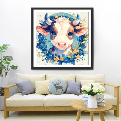 Cartoon Cow and Blue Flowers Diamond Painting