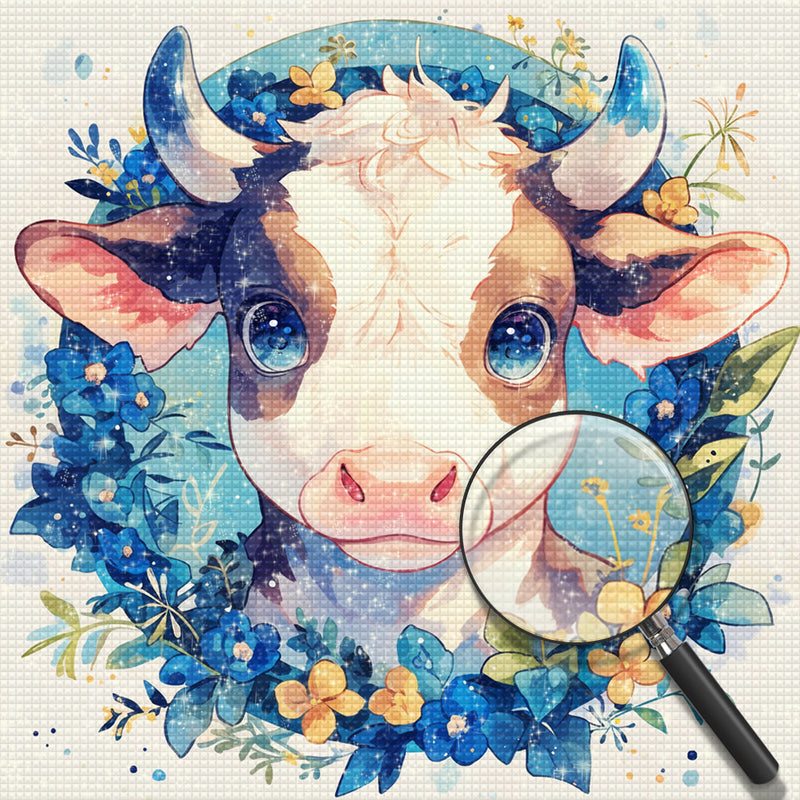 Cartoon Cow and Blue Flowers Diamond Painting