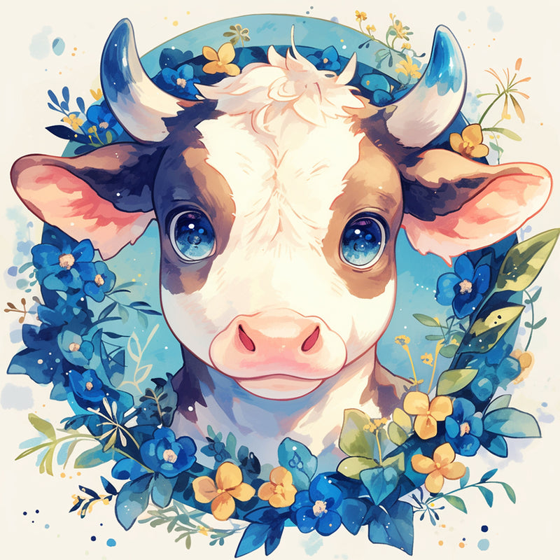 Cartoon Cow and Blue Flowers Diamond Painting