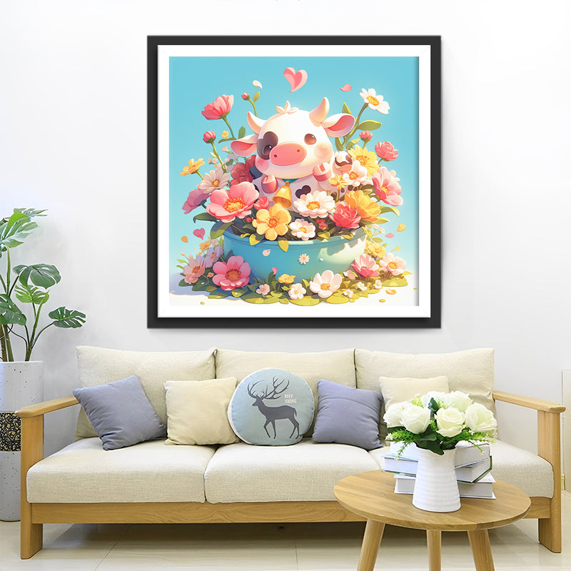 Cute Little Cow and Flowers Diamond Painting