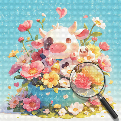 Cute Little Cow and Flowers Diamond Painting