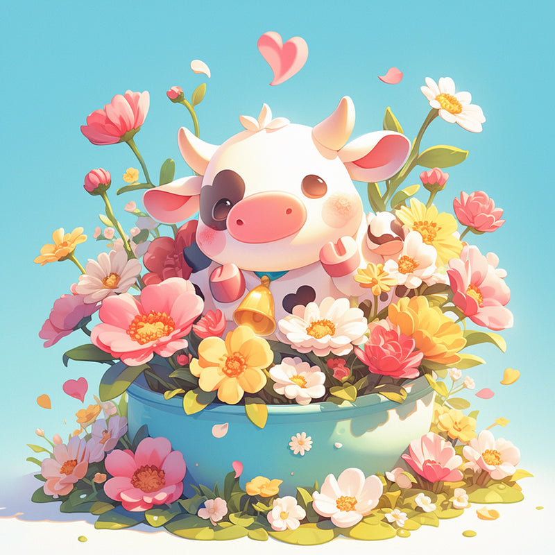 Cute Little Cow and Flowers Diamond Painting