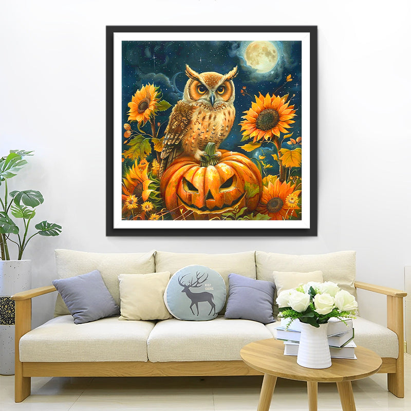 Owl, Sunflowers and Halloween Pumpkin Diamond Painting