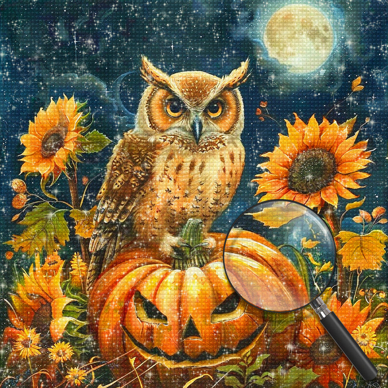 Owl, Sunflowers and Halloween Pumpkin Diamond Painting