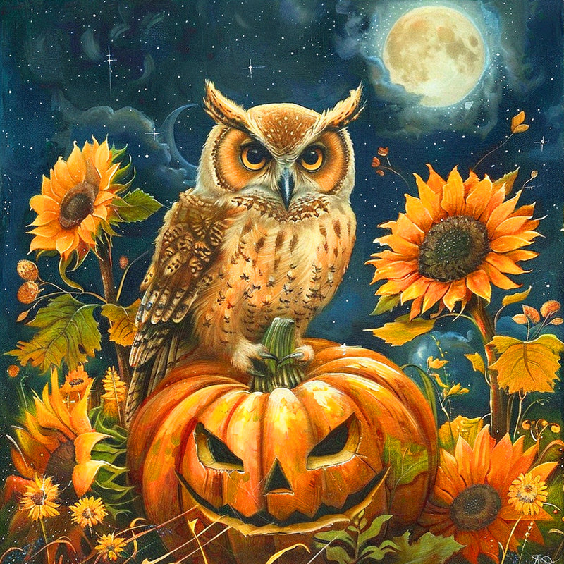 Owl, Sunflowers and Halloween Pumpkin Diamond Painting