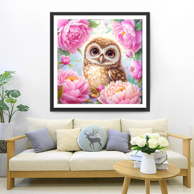 Owl and Pink Flowers Diamond Painting