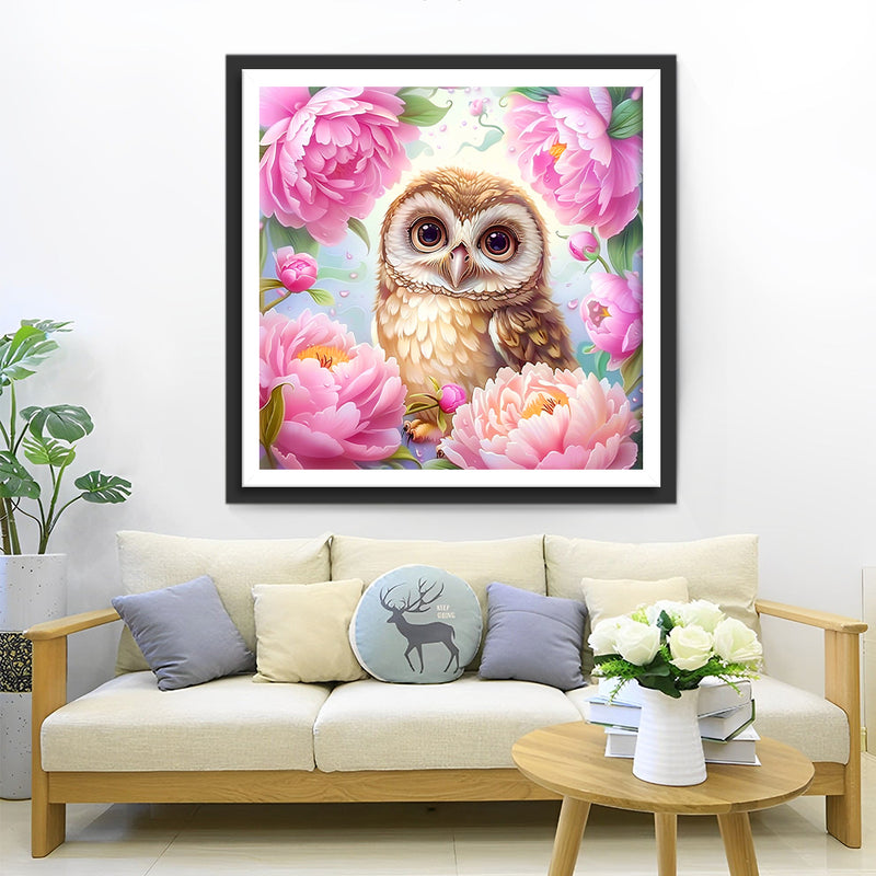 Owl and Pink Flowers Diamond Painting