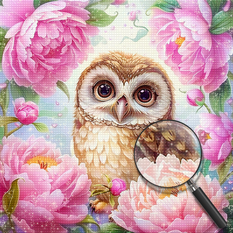 Owl and Pink Flowers Diamond Painting