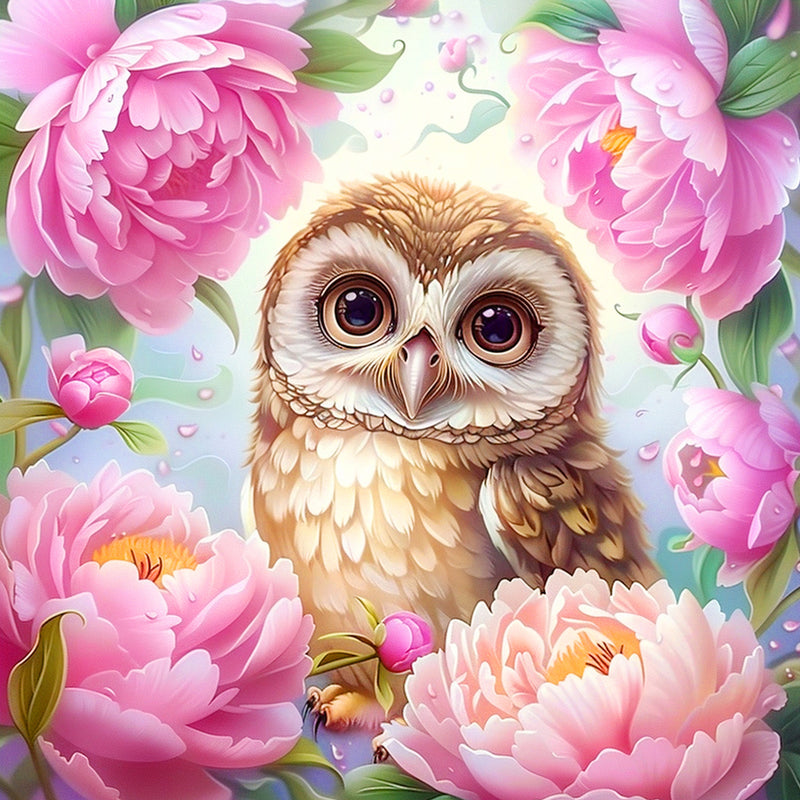 Owl and Pink Flowers Diamond Painting