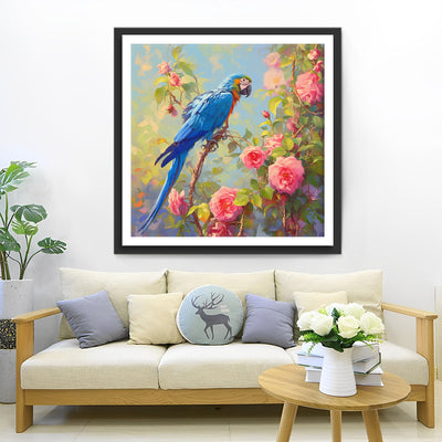 Blue Parrot and Pink Flowers Diamond Painting