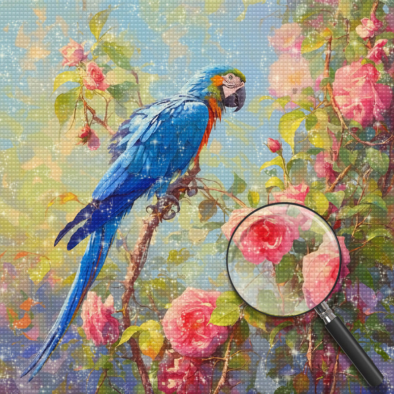 Blue Parrot and Pink Flowers Diamond Painting