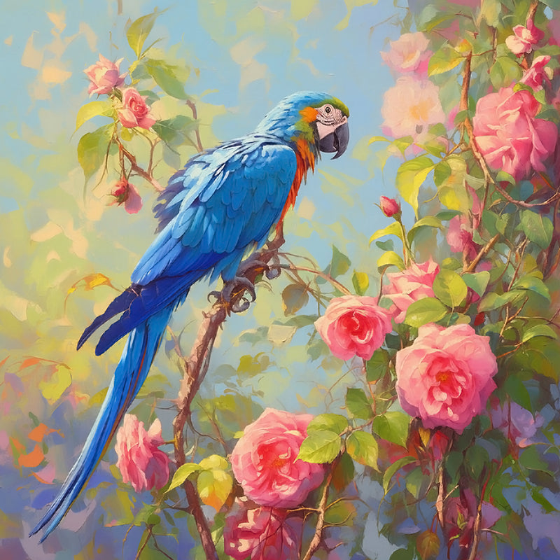 Blue Parrot and Pink Flowers Diamond Painting