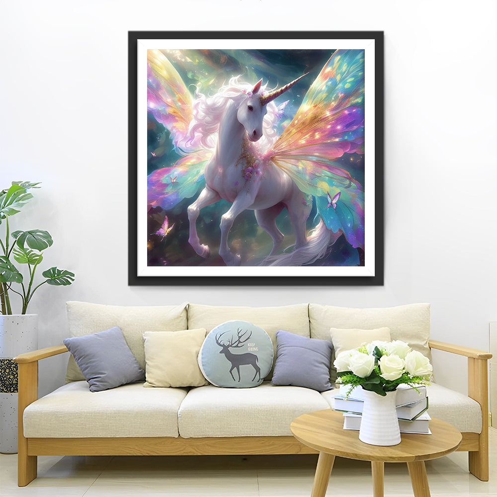 White Unicorn with Colorful Wings Diamond Painting