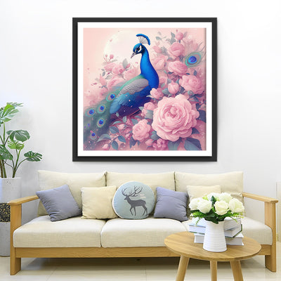 Peacock and Pink Flowers Diamond Painting