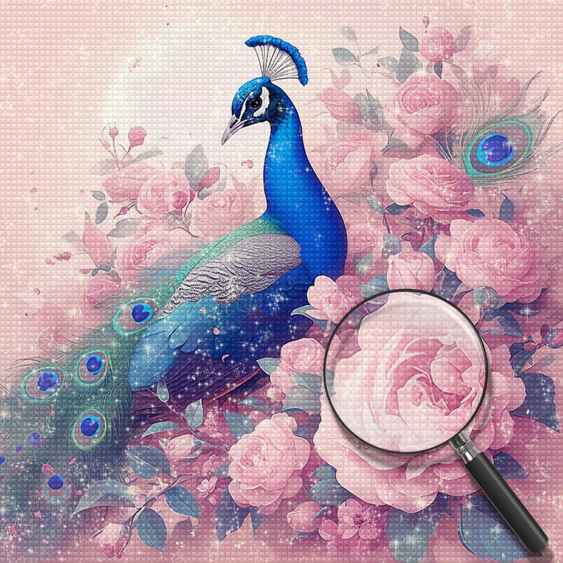 Peacock and Pink Flowers Diamond Painting