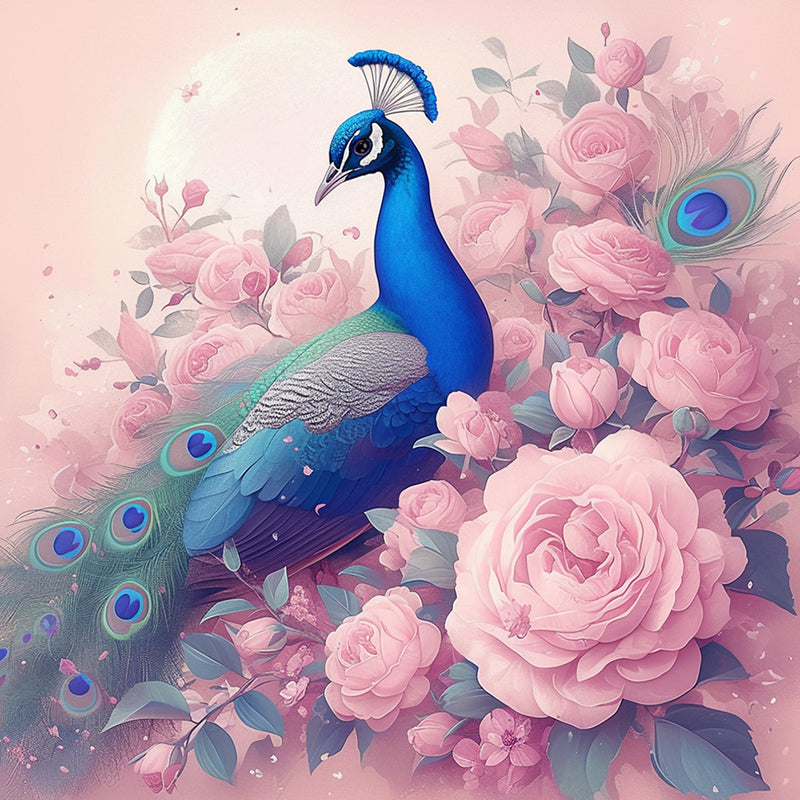 Peacock and Pink Flowers Diamond Painting