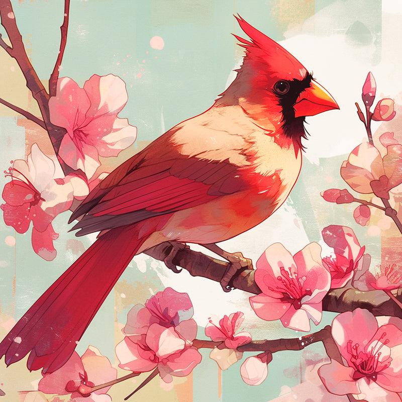 Red Bird and Pink Flowers Diamond Painting