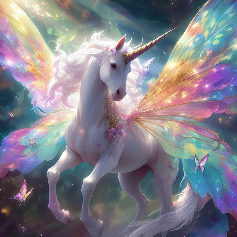 White Unicorn with Colorful Wings Diamond Painting