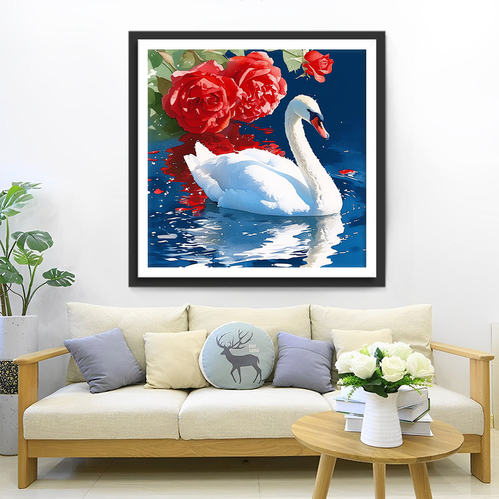 White Swan and Red Roses Diamond Painting