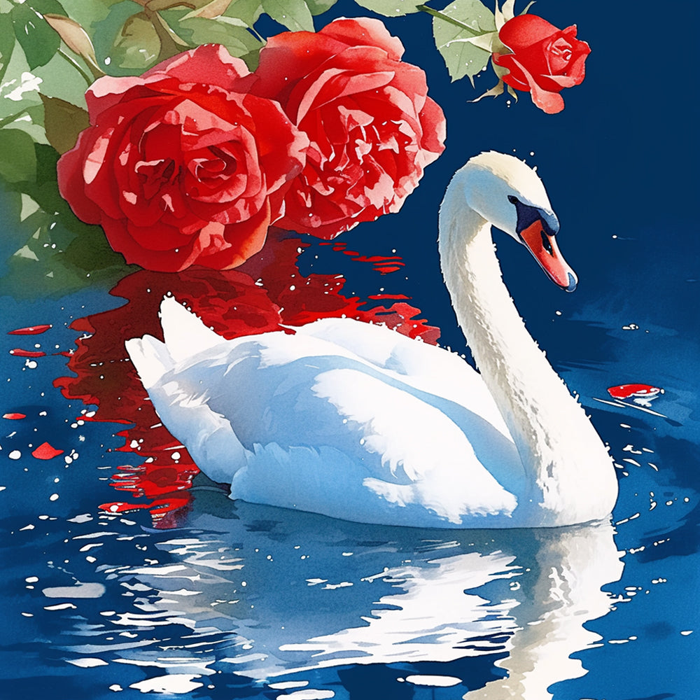 White Swan and Red Roses Diamond Painting