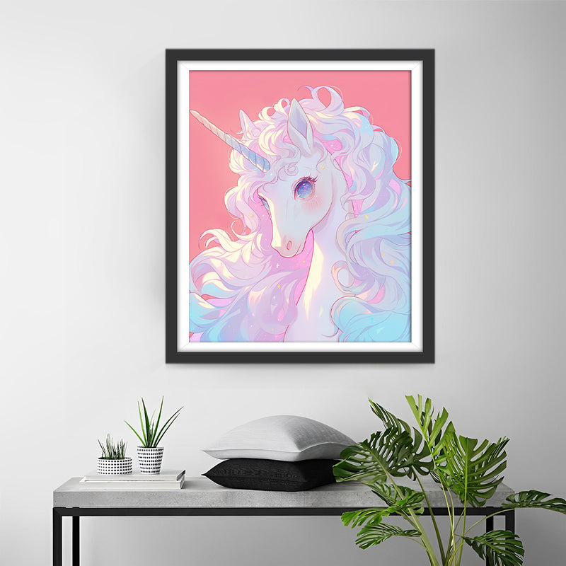 White Unicorn on Pink Background Diamond Painting