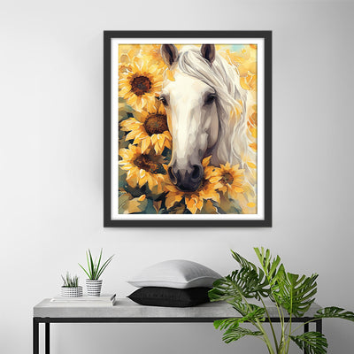 White Horse and Sunflowers Diamond Painting