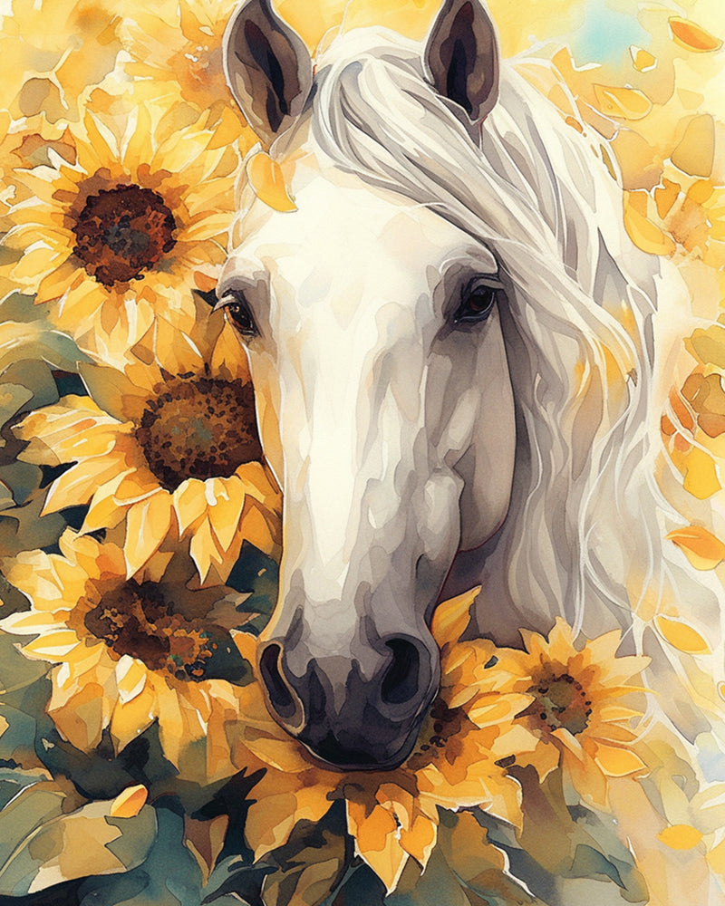 White Horse and Sunflowers Diamond Painting