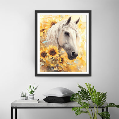 Sunflowers and White Horse Diamond Painting