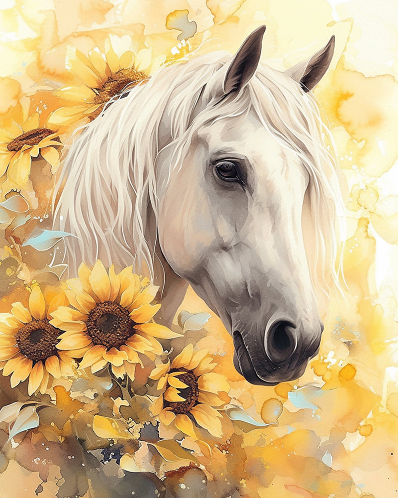 Sunflowers and White Horse Diamond Painting