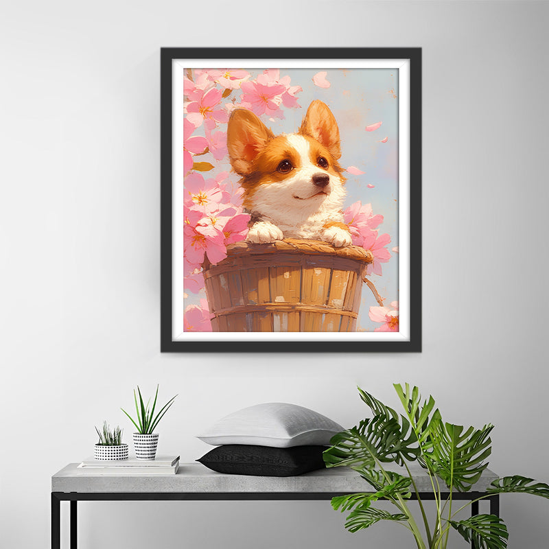 Corgi and Pink Flowers Diamond Painting