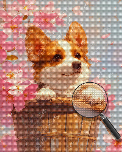 Corgi and Pink Flowers Diamond Painting