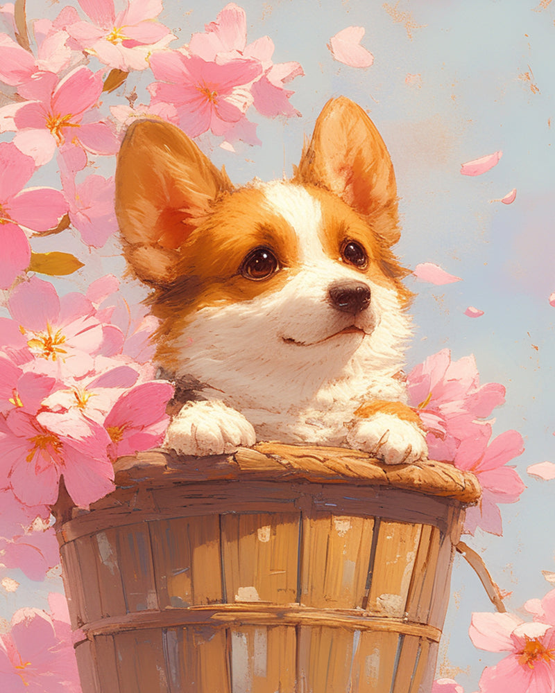 Corgi and Pink Flowers Diamond Painting