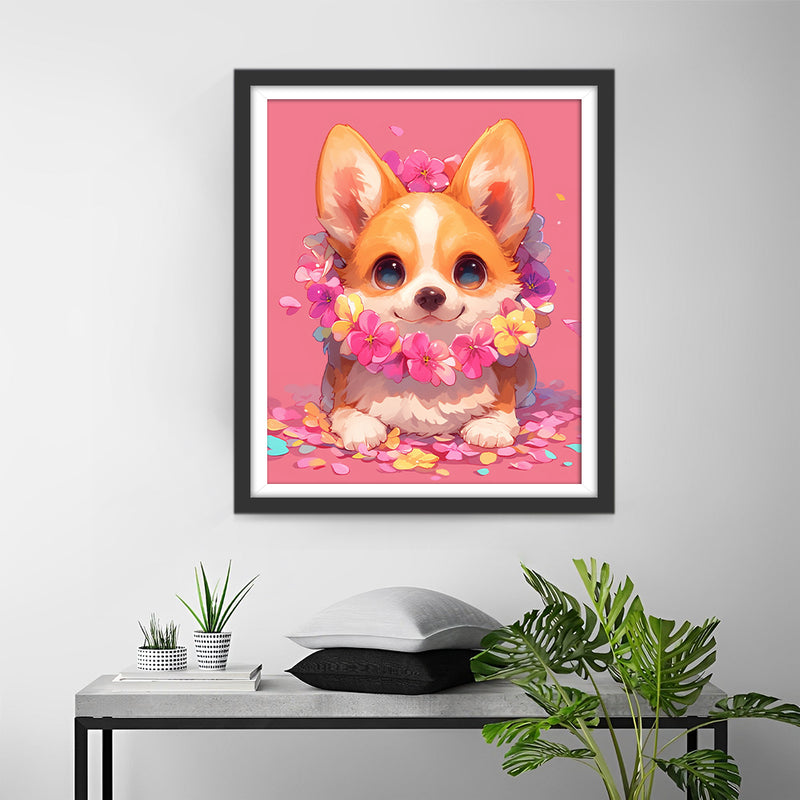 Cute Corgi with Flowers on a Pink Background Diamond Painting