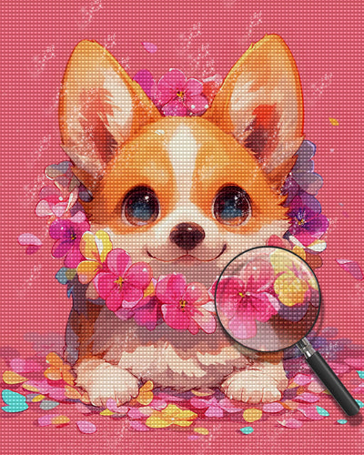 Cute Corgi with Flowers on a Pink Background Diamond Painting