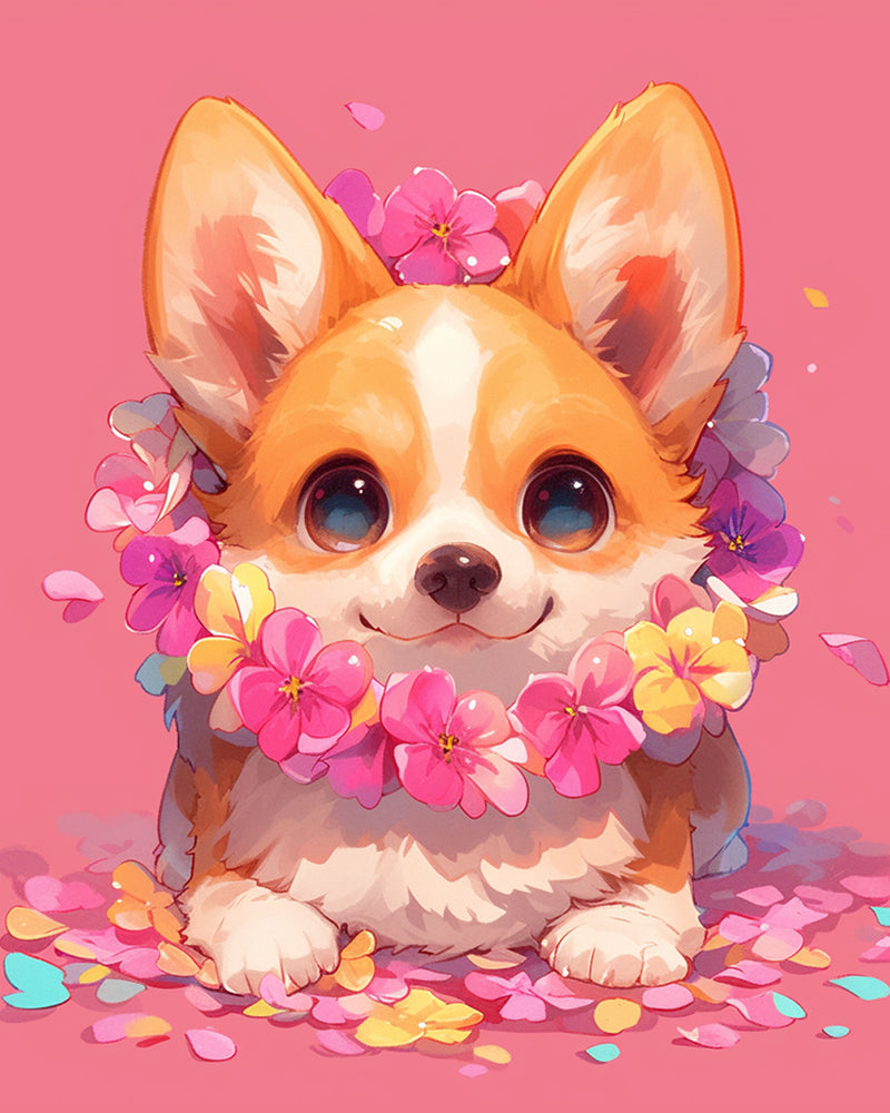 Cute Corgi with Flowers on a Pink Background Diamond Painting