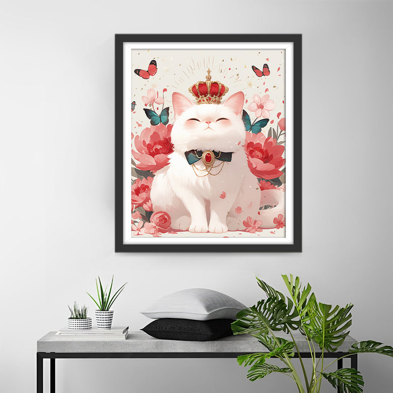 White Cat Surrounded by Flowers and Butterflies Diamond Painting