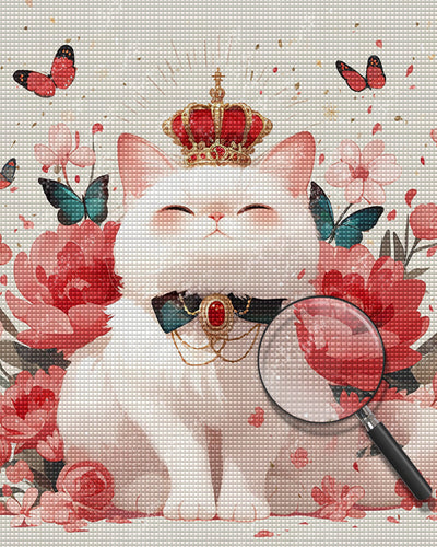 White Cat Surrounded by Flowers and Butterflies Diamond Painting