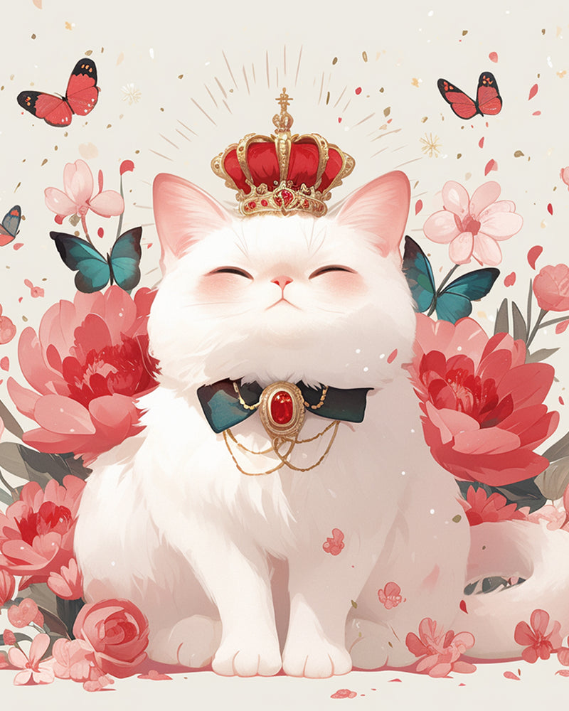 White Cat Surrounded by Flowers and Butterflies Diamond Painting