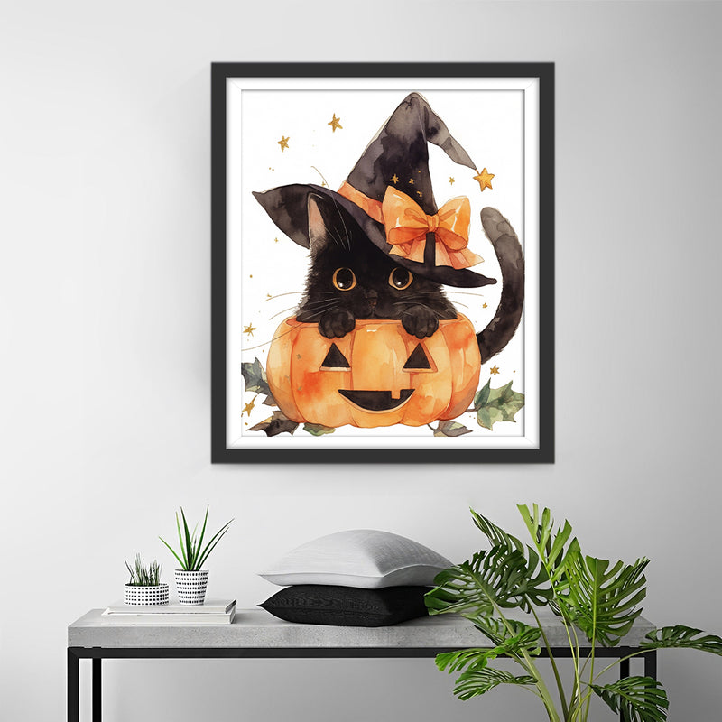 Little Black Cat in a Pumpkin Lamp Diamond Painting