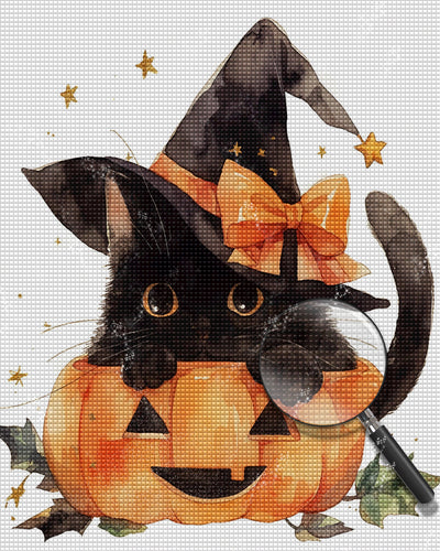 Little Black Cat in a Pumpkin Lamp Diamond Painting