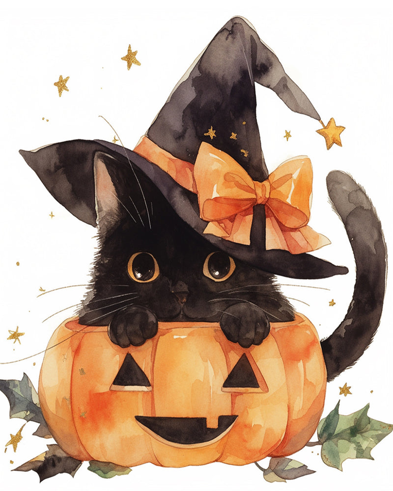 Little Black Cat in a Pumpkin Lamp Diamond Painting