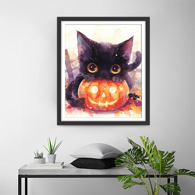 Pumpkin Lamp and Black Kitten Diamond Painting