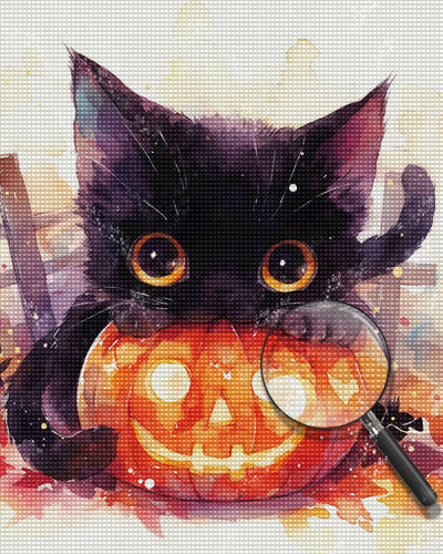 Pumpkin Lamp and Black Kitten Diamond Painting