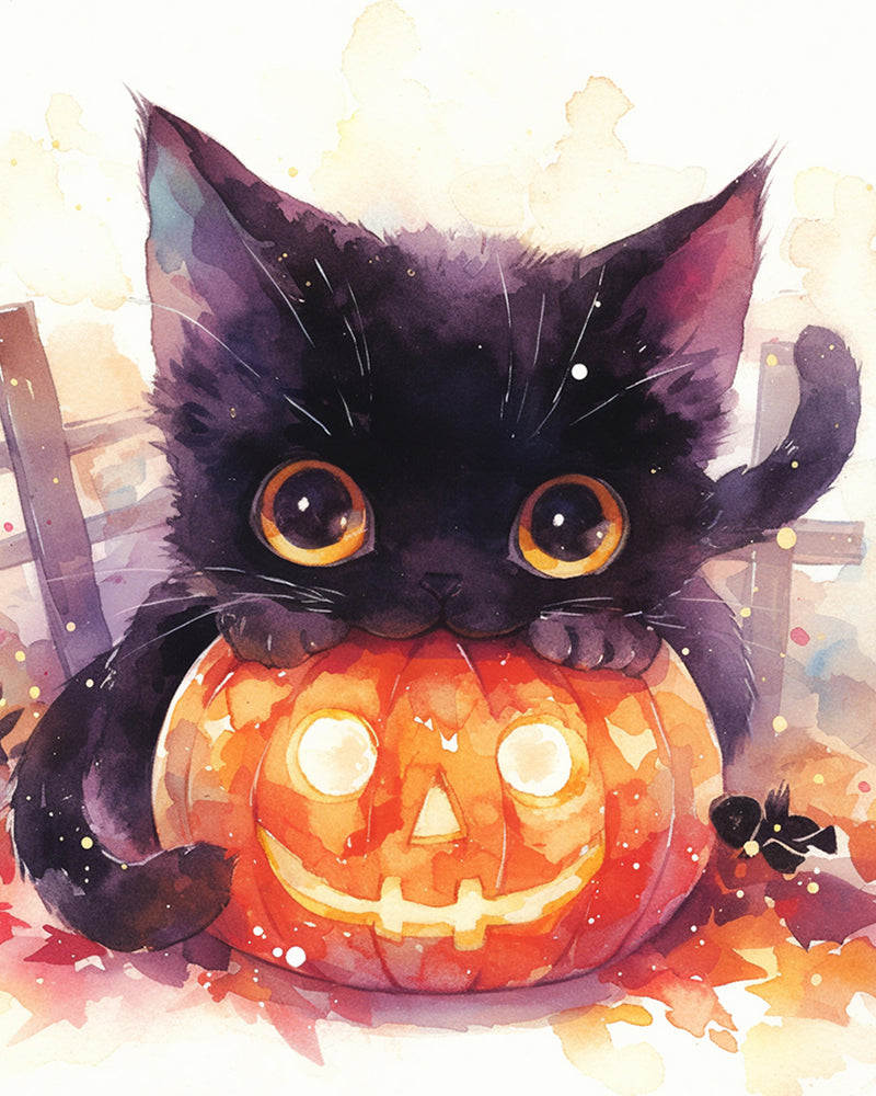 Pumpkin Lamp and Black Kitten Diamond Painting