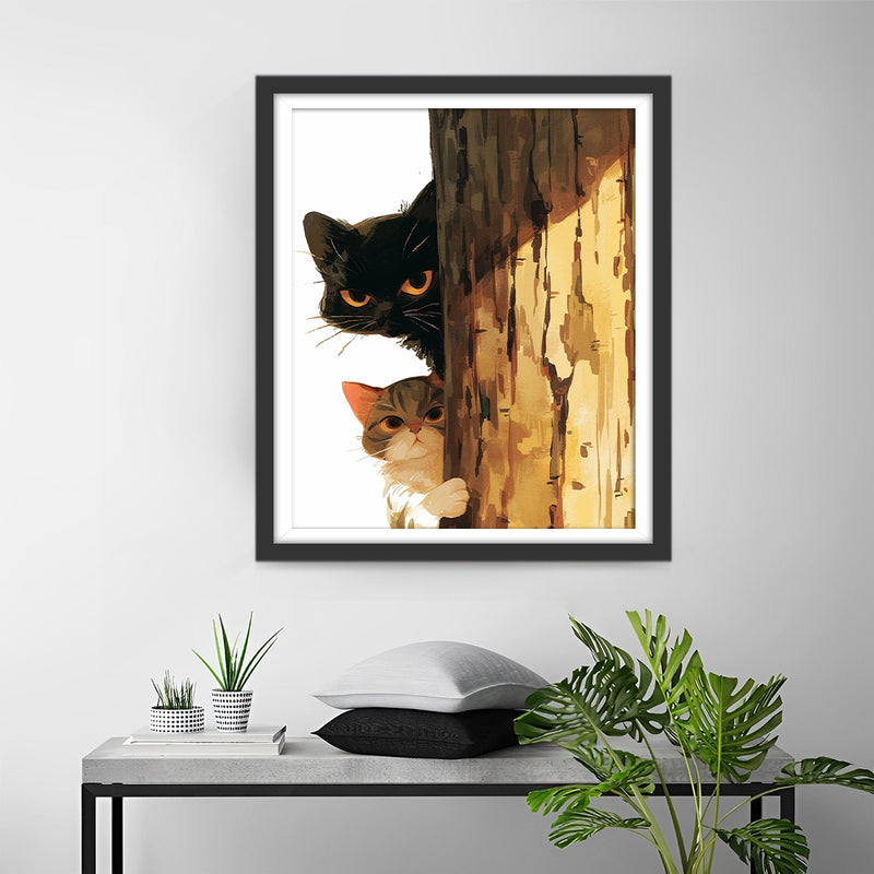 Two Cats Hiding Behind a Tree Diamond Painting