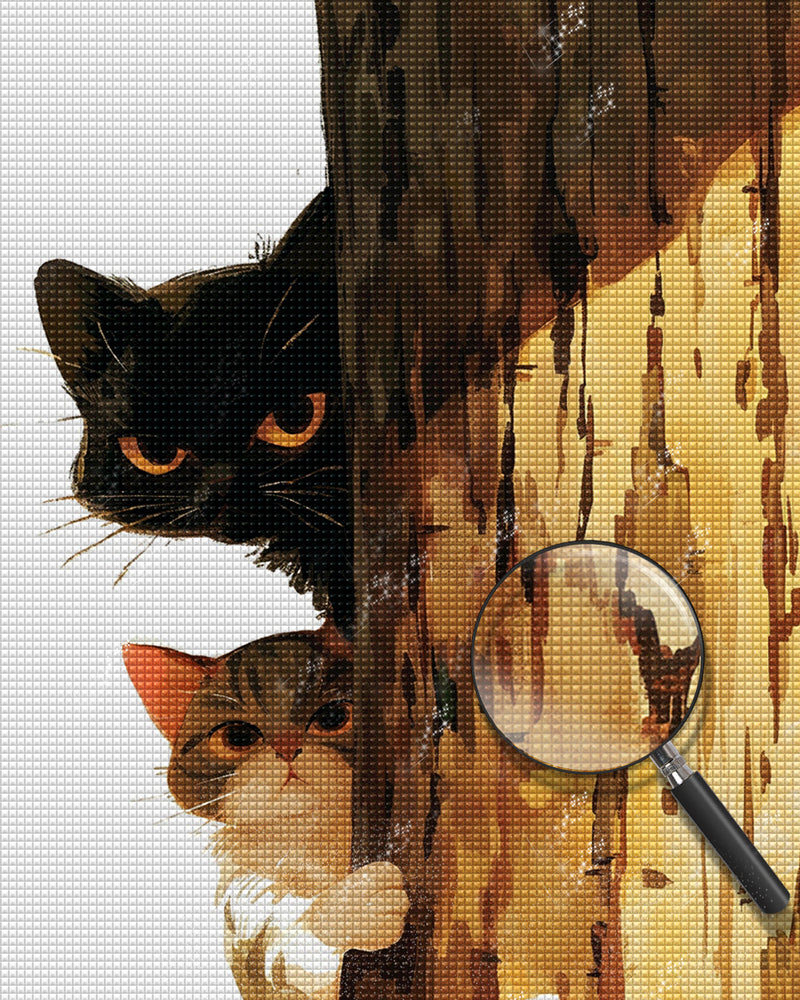 Two Cats Hiding Behind a Tree Diamond Painting