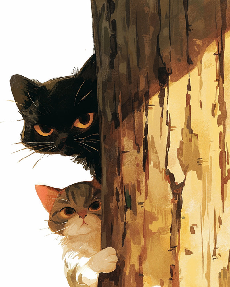 Two Cats Hiding Behind a Tree Diamond Painting