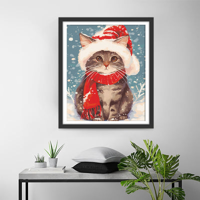 Cat with Red Hat and Scarf in Snow Diamond Painting