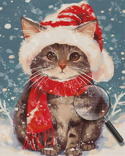 Cat with Red Hat and Scarf in Snow Diamond Painting